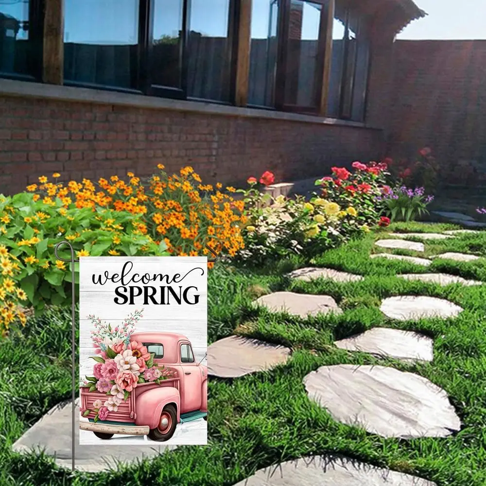 Добро пожаловать весенний розовый грузовик садовый флаг для улицы 12x18 дюймов
