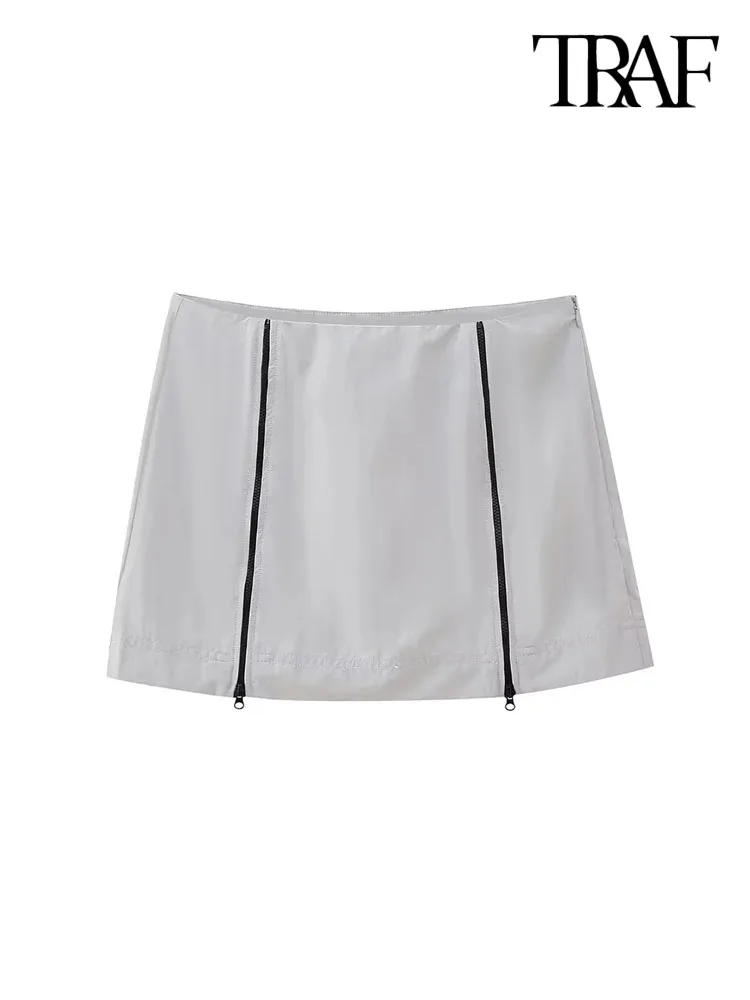 

TRAF Women Fashion With Zips Nylon Mini Skirt Vintage Mid Waist Side Zipper Female Skirts Mujer