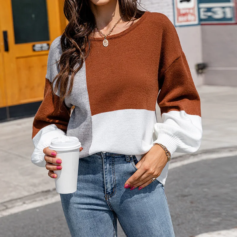 

Женский трикотажный свитер контрастных цветов, Осень-зима 2022, свободный свитер с круглым вырезом и длинным рукавом на спине, со шнуровкой, ...