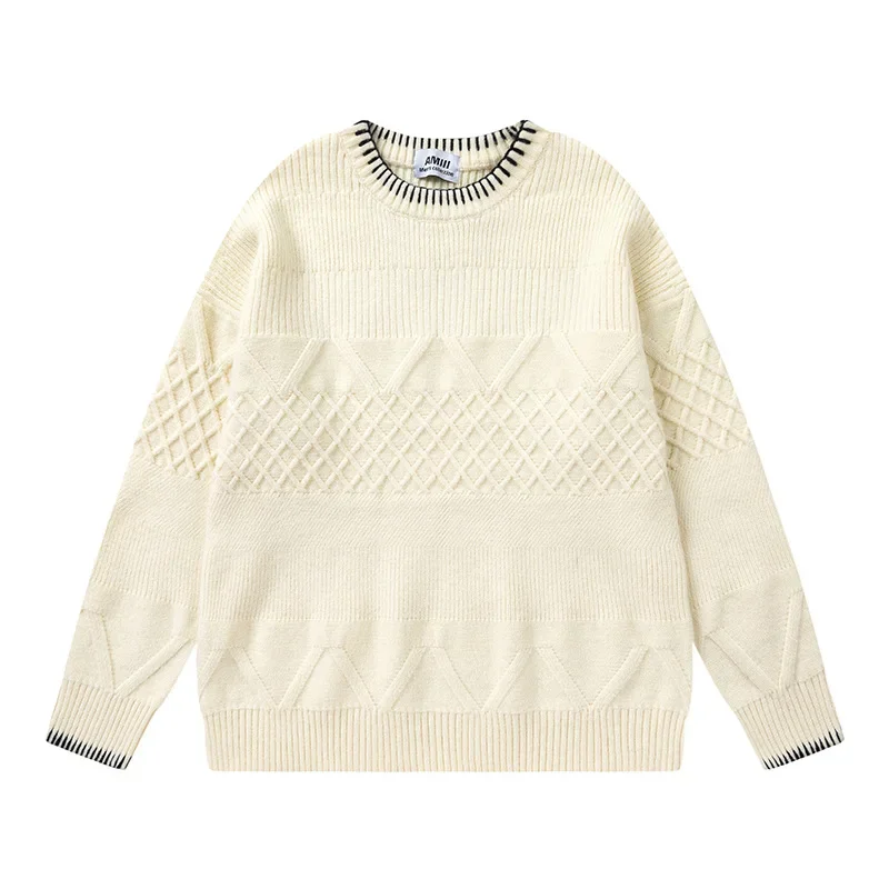 American Style Vintage Color Blocking Round Neck Pullover Knitted Top Casual Loose Fit Men's Autumn Sweater Situational Design S