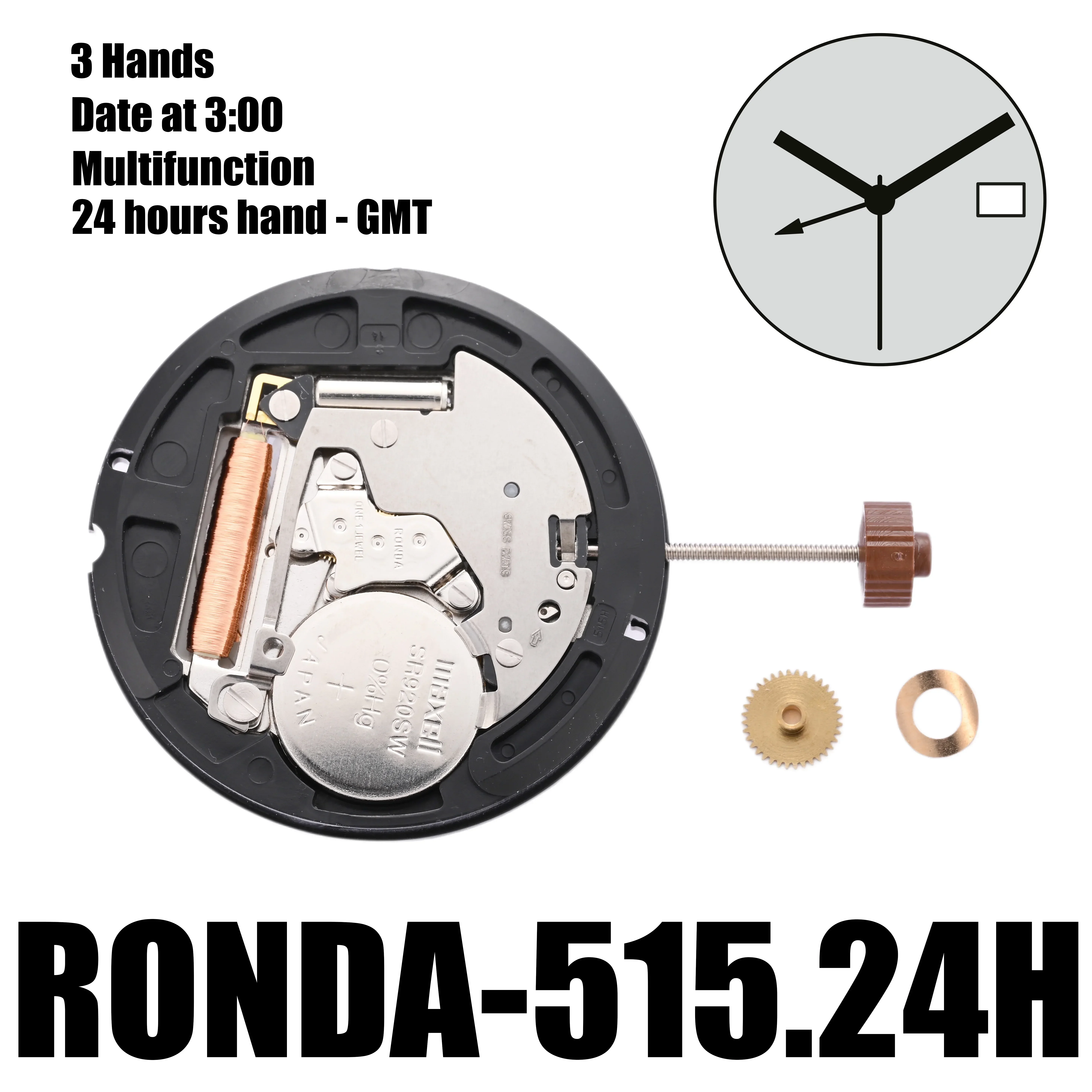 Кварцевые часы Ronda 515 24 H GMT часовой механизм 515H One Jewel функциональный Datewheel сменный