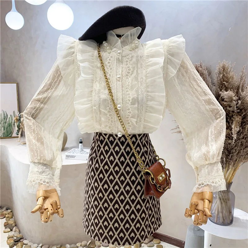 

Niche Design New Women's Clothing 2022 Spring Casual Vintage Lace Ruffle Stand Collar Shirt Long Sleeve Top Blouses