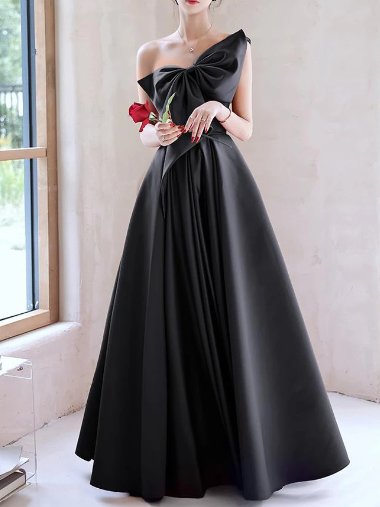 

Off Back Bow Drop One Shoulder Strapless Cross Lace Up Graduation Dress Fashion Party Evening Dress Elegant Temperament Prom