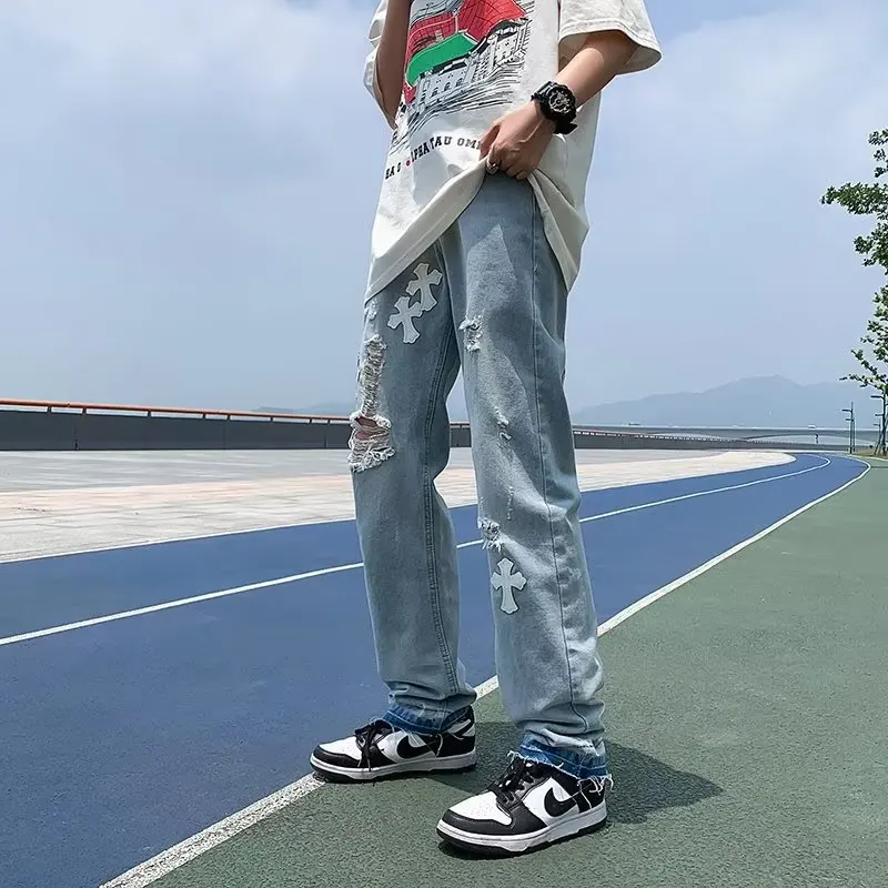European and American Men's Fashion Trend Ripped Pants Loose Casual Jeans Fashion Cross Stick Straight Wide Leg Pants Streetwear