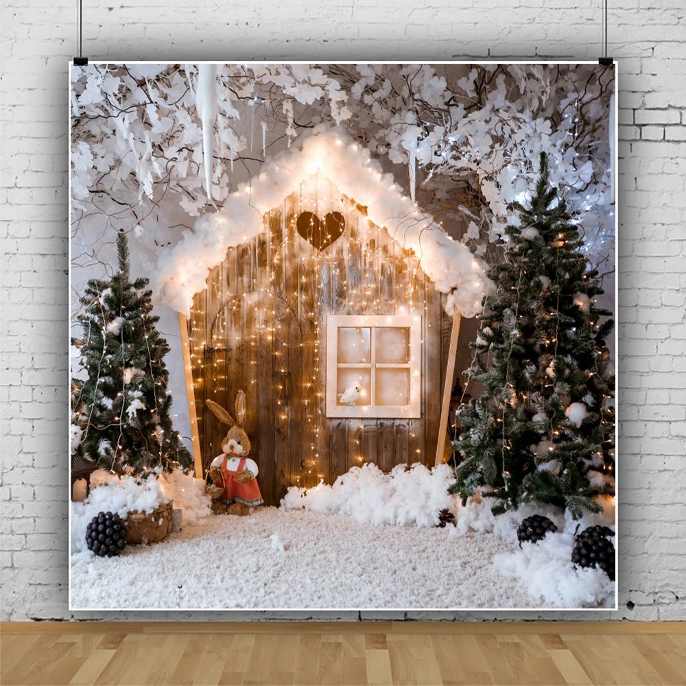 

Фон для фотосъемки новорожденных с изображением зимнего снежного пола деревянного дома рождественской тематики семейного портрета