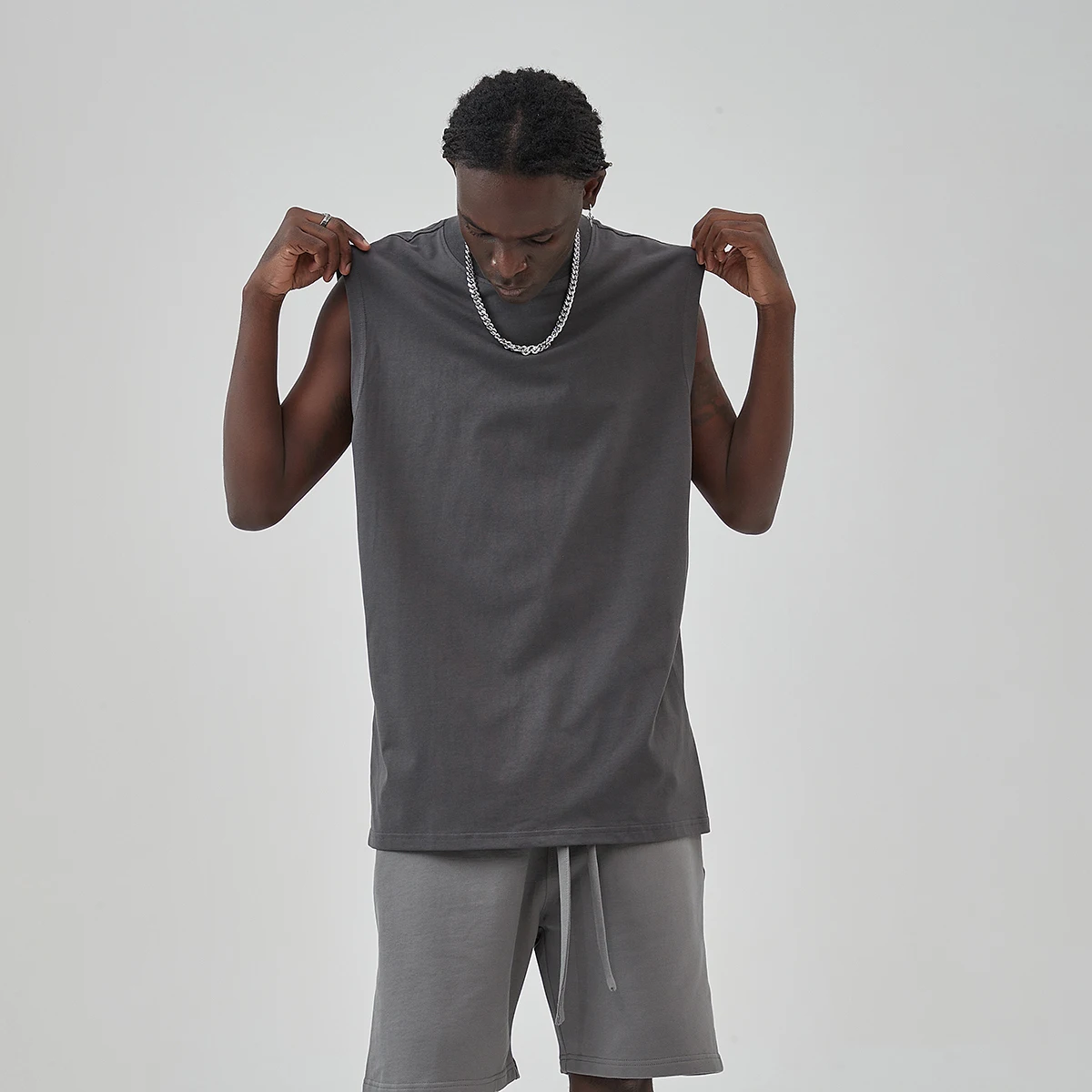 

High Street Bottom Split Waistcoat Oversize Vest Solid Color Men Women Baggy Lazy Sleeveless T-shirt Hem Back Panel Camisole