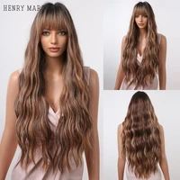 henry margu long wave synthetic wigs with bang brown golden chocolate natural hair wig for black women cospaly heat resistant