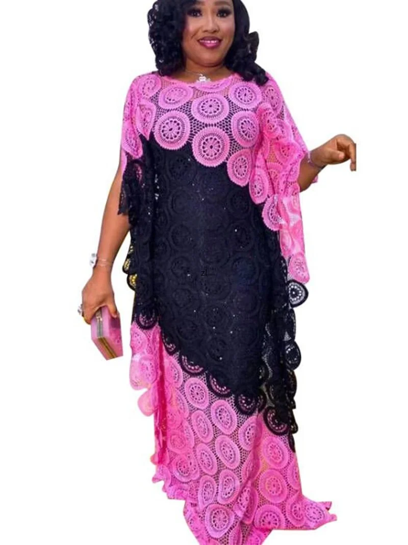 

Dashiki Maxi Women Batwing Sleeve Boubou Africa Clothing Fashion Splice Hollow Long African Party Lace Dress Robe