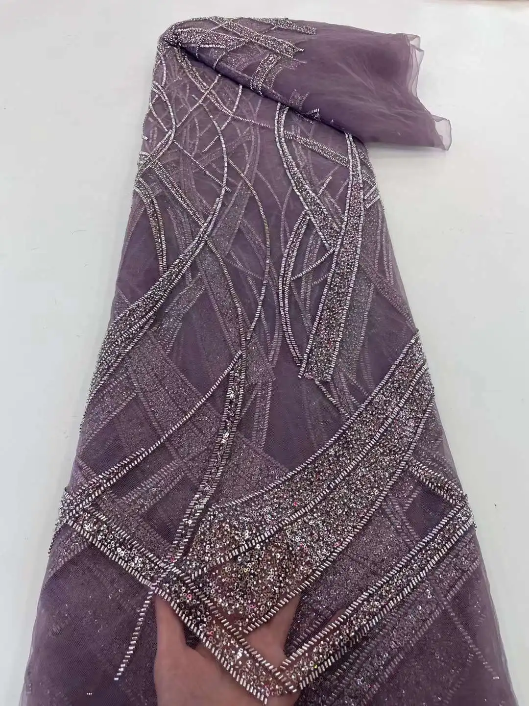 

Африканский Фиолетовый Тюль ручной работы с бусинами 5 ярдов ткань 2022 французское высококачественное роскошное кружево с блестками для сва...