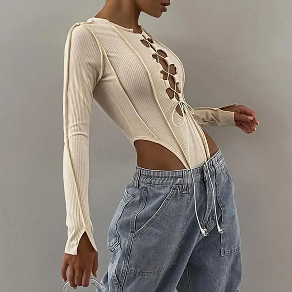 

Клубное боди, облегающее популярное облегающее боди со шнуровкой и длинными рукавами, Клубная одежда, однотонное Женское боди с круглым выр...