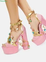 pink crown jewel chain sandals 2022 summer platform peep toe chunky heel metallic gold buckle sexy party fashion shoes for women