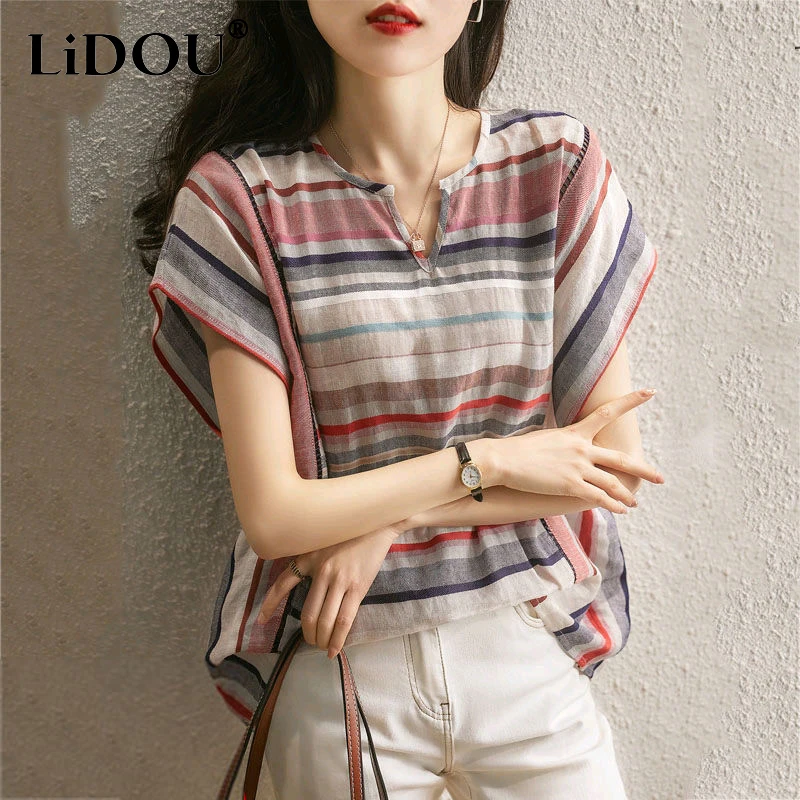 

Summer Korean Style Stripe Loose Casual Tops Women Aesthetic Sweat Chic Vintage Pullover Female All Match Oversized Lady Clothes