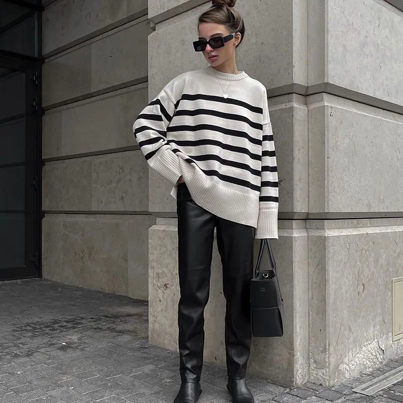 

pullover new Sweater cotton new elegant street 100% sweater O-neck Za women pullover youth Fall fashion sweater warm stripe Fal