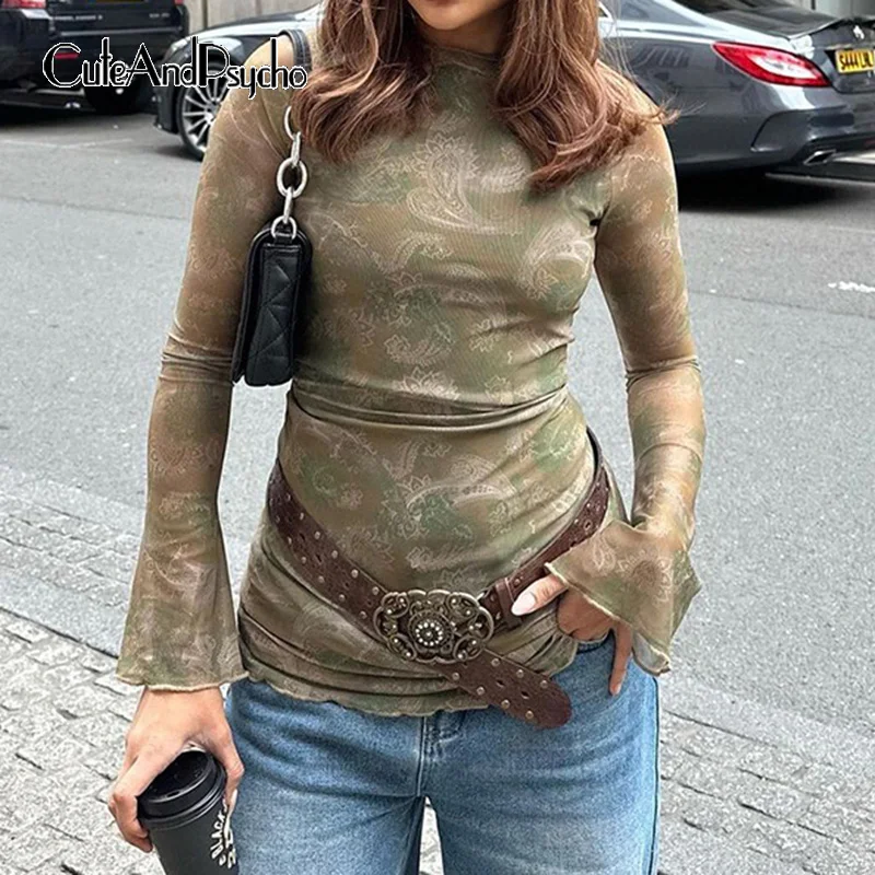 

Cuteandpsycho Crewneck Paisley Print Mesh Tees Casual Vintage Harajuku Aesthetic Clothes Long Sleevs Fairycore Slim Chic Shirts