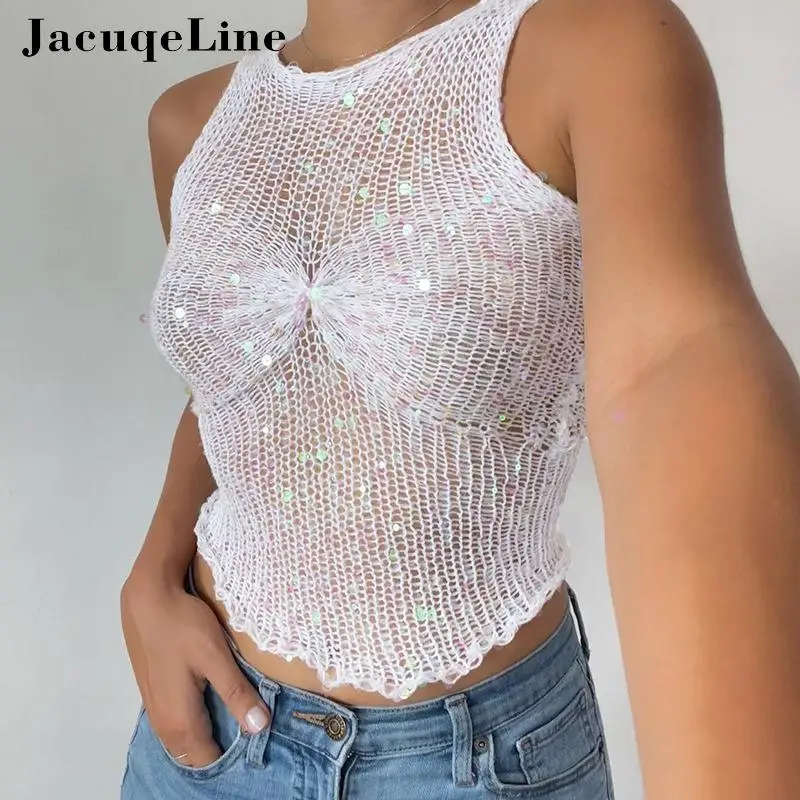 

Jacuqeline White Knit Sparkling Sequins Tank Top Sexy See Through Hollow Out Crop Tops Women 2023 Summer New Spicy Girl Clothing