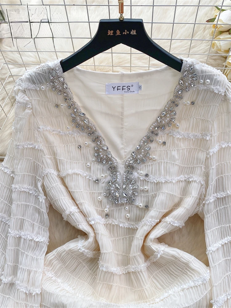 Женское шифоновое короткое платье с V-образным вырезом длинным рукавом