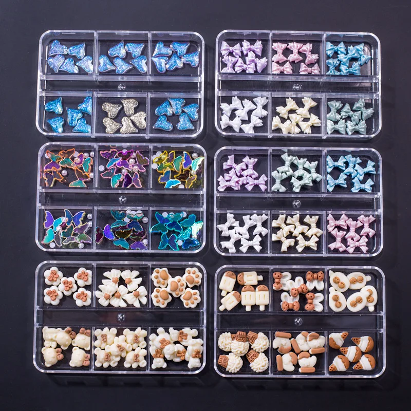 

6Grids/Box 3D Resin Butterfly Glitter Nail Art Rhinestone Cartoon Bear Heart Designer Nail Decoration DIY Manicure Nails Jewelry