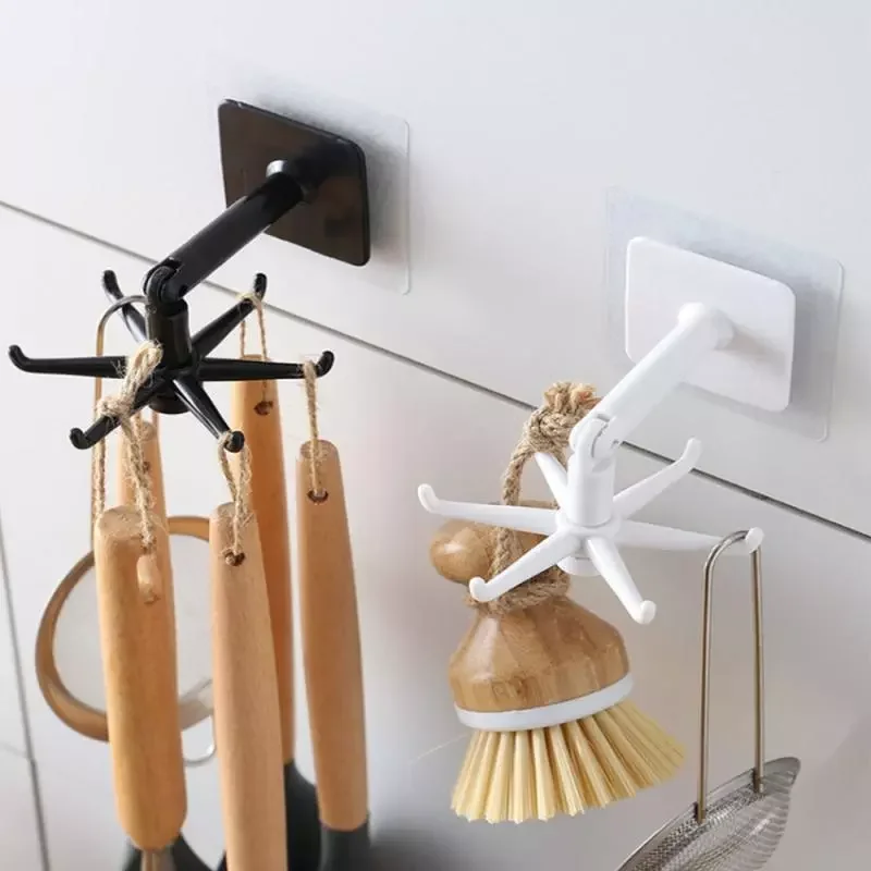 

360 Degrees Rotated Kitchen Hooks Self Adhesive 6 Hooks Home Wall Door Hook Handbag Clothes Hanger Hanging Rack For Kitchen