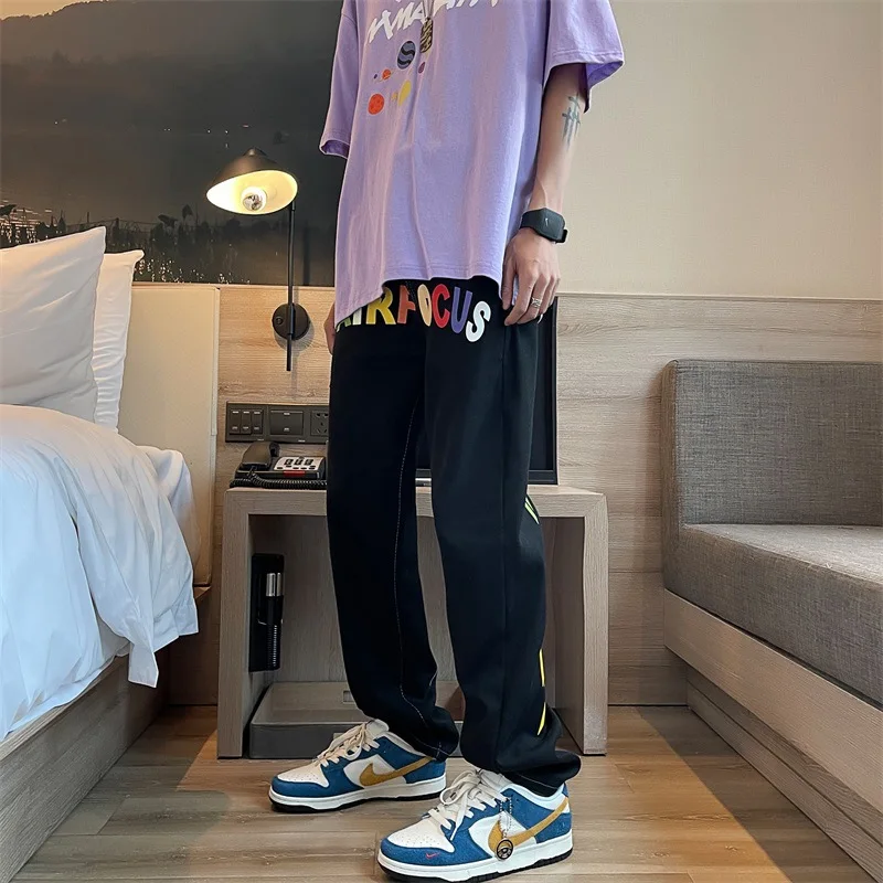 New American High Street Jeans Men's Lightning Design Sense Washed Jeans Straight Leg Loose Casual Pants Fashion Men Streetwear