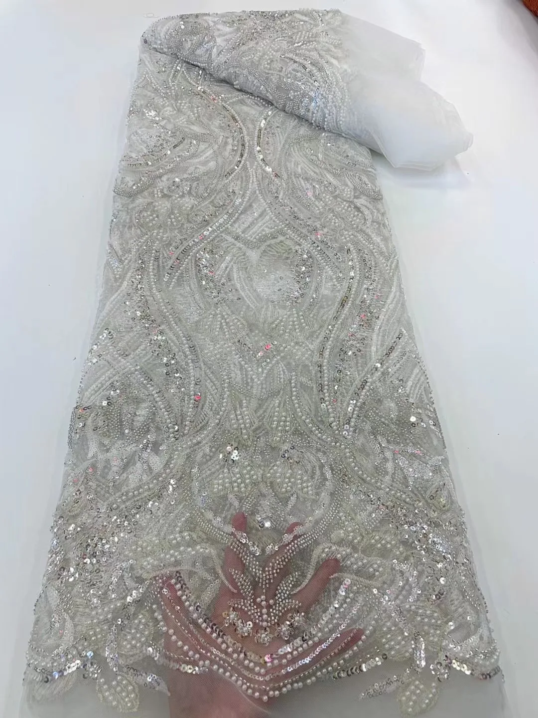 

Latest Fashion Pure White High Quality Beaded Lace Luxury Handmade Sequins Mesh Fabric Nigerian Celebration For Evening Dress