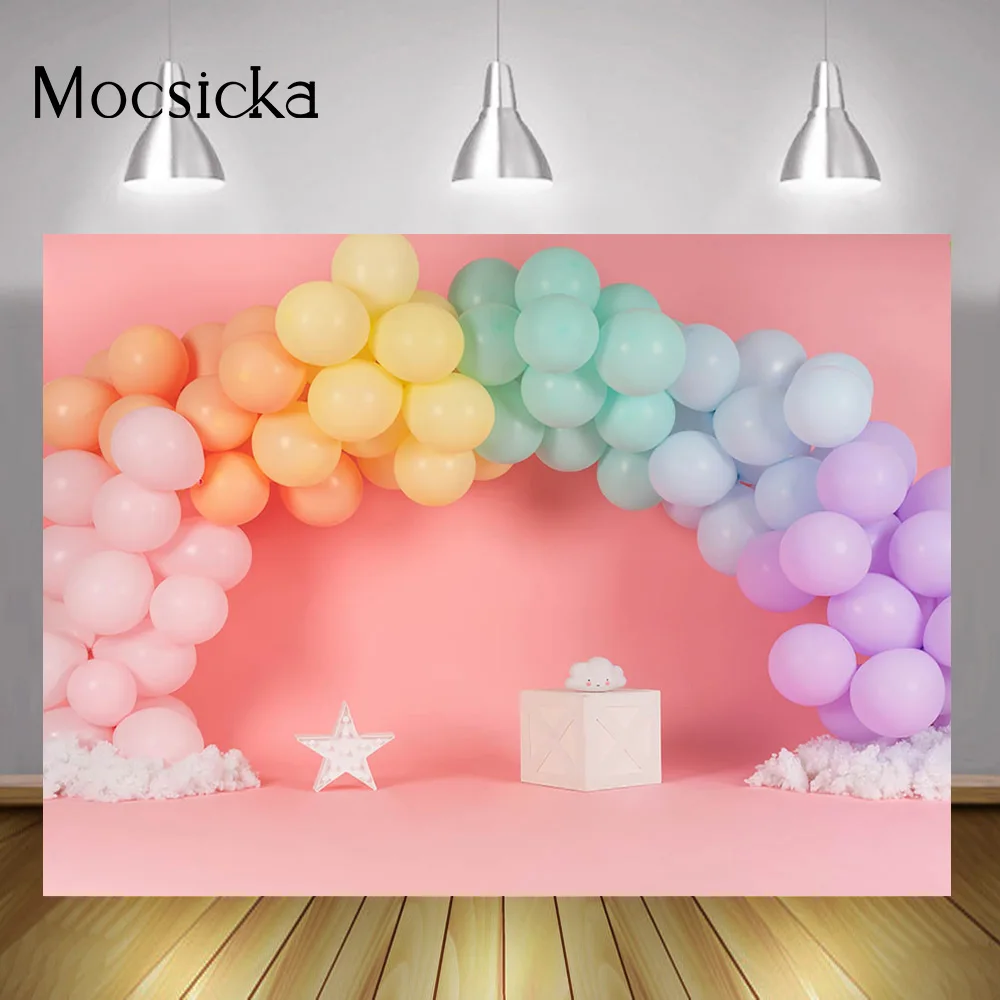 

Фон для фотографирования с изображением радуги воздушных шаров, розового цвета