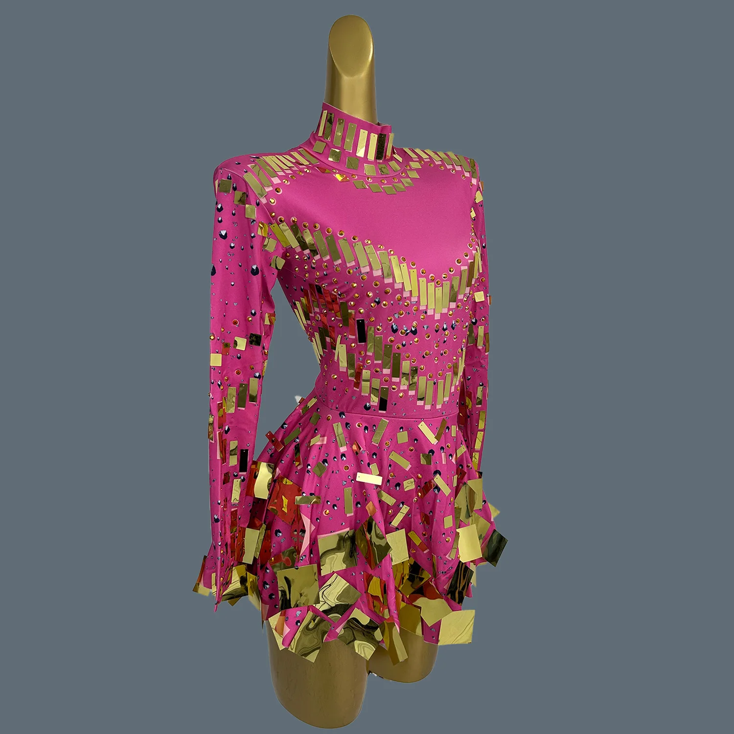 Блестящие кристаллы зеркала плиссированное платье с длинными рукавами женское