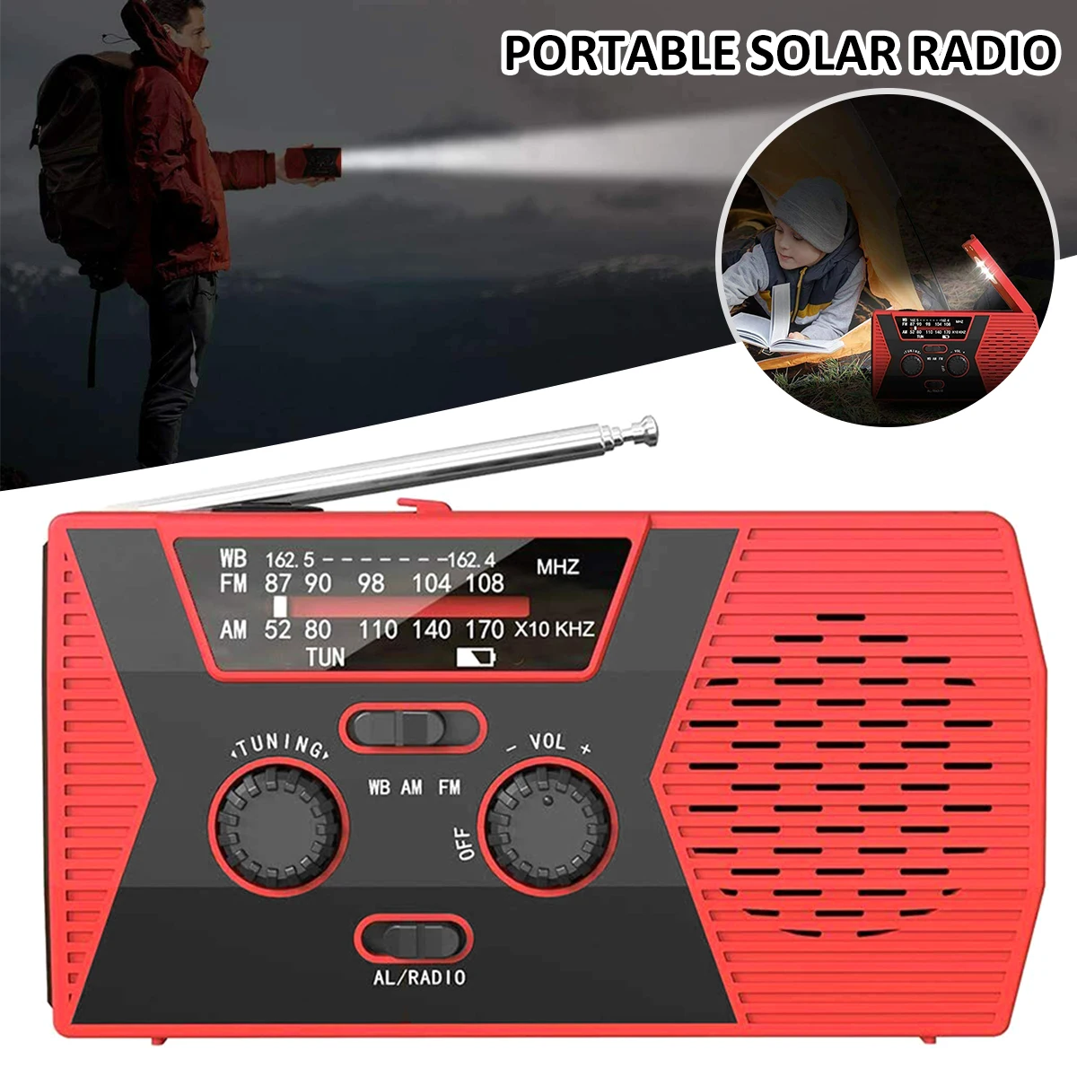 

Solar Powered Radio Flashlight Outdoor Emergency Light Radio with 2000mAh Battery for Phone Charging Hand Crank Battery Operated