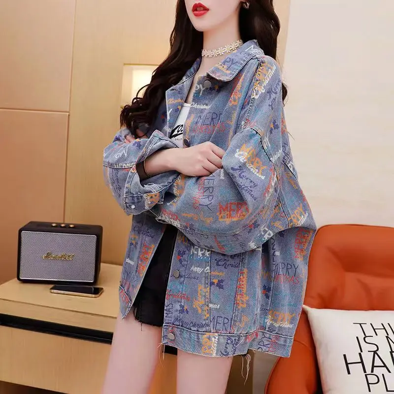 

Women Turn Down Collar Long Batwing Sleeve Cool Streetwear Durable Denim Biker Jacket Batwing Jean Outwear Printed Moto Outcoat