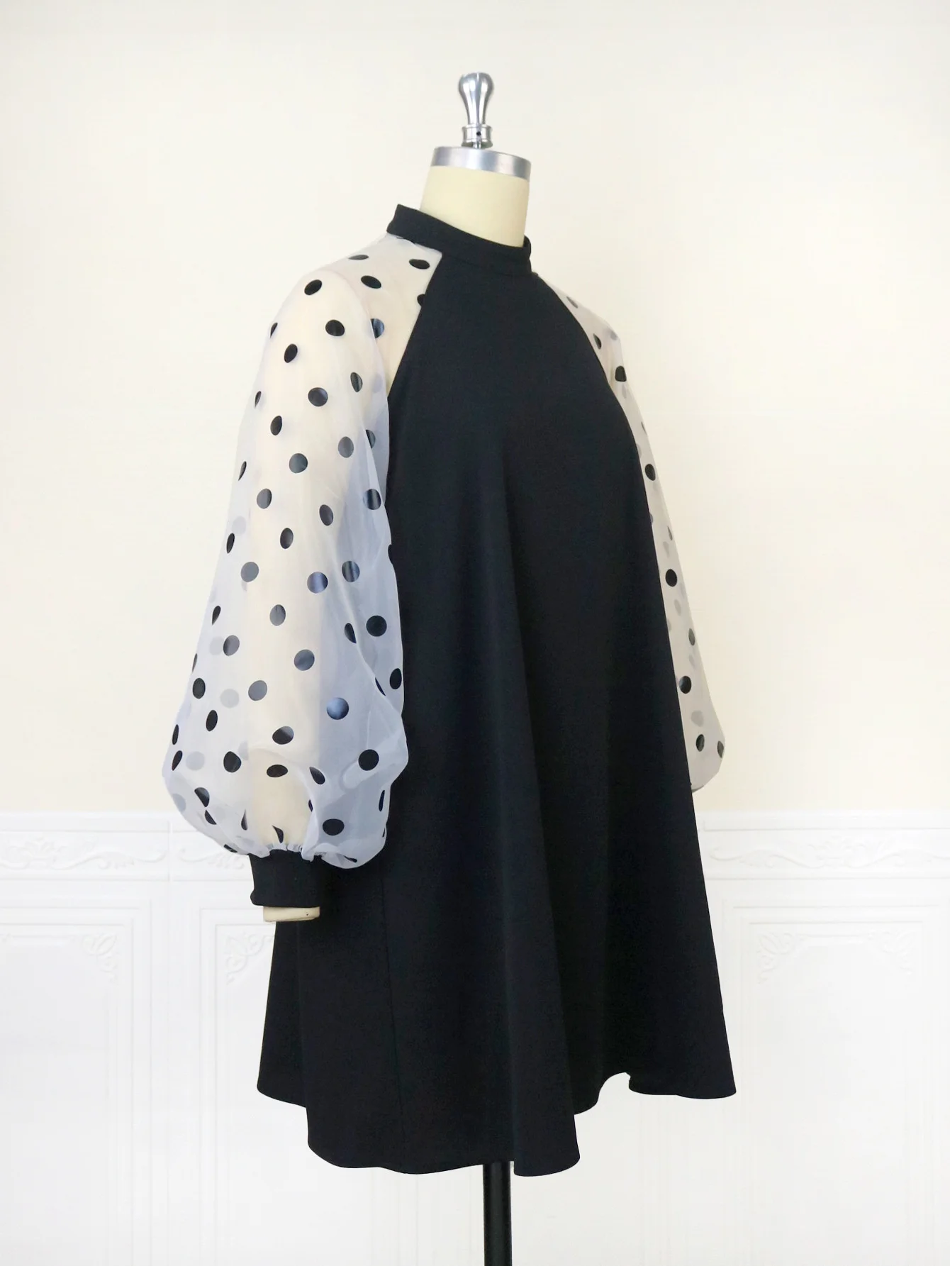 Plus Size Women's Dress Stand Collar Lantern Sleeve Polka Dot Dress Daily Commuting Comfortable Raglan Sleeve A-line Dress