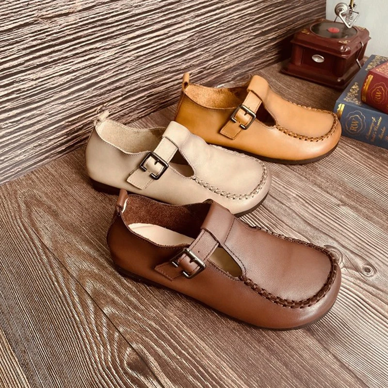 Retro Soft Artificial Leather Loafers Woman Vintage T-Strap Mary Janes Ladies Comfy Wide Toe Flat Moccasion Shoes