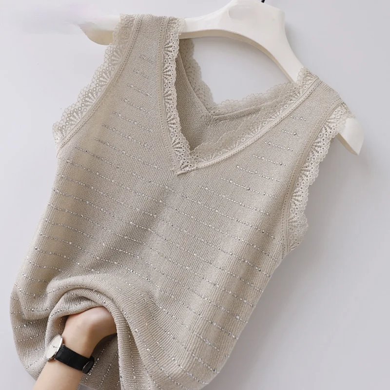 

Shine Sequined Knitted Women Tank Tops Summer New 2022 Lace Patchwork Striped V-Neck Slim Elegant Office Lady Pulls Tops Tees