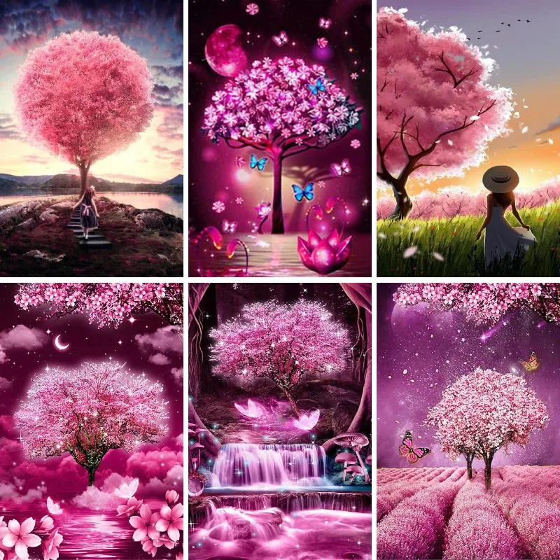

Full Square /Round 5D DIY Diamond Painting Sakura Tree Pink Scenery Hand Embroidery Kit Cross Stitch Rhinestone Mosaic Painting
