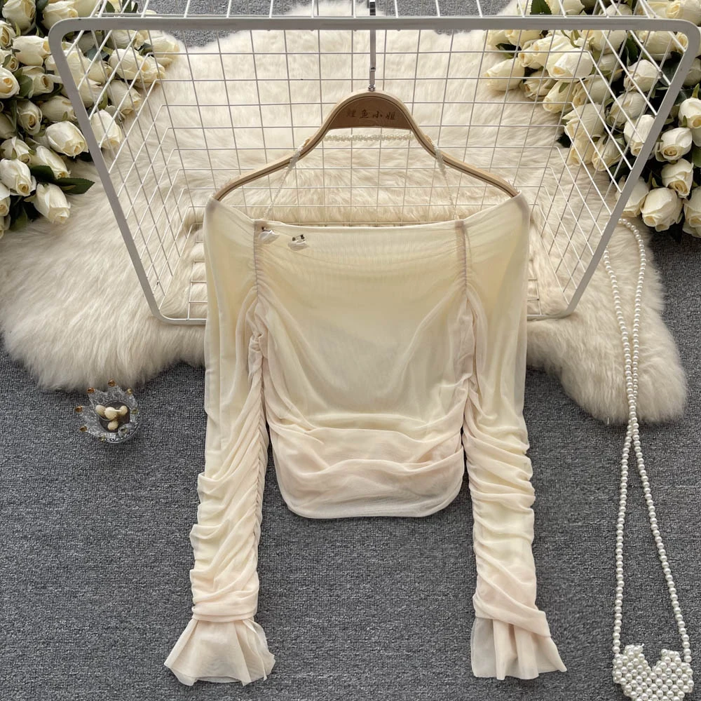 

Chic Halter Mesh Pleated Tshirt Off Shoulder Sexy T Shirt Basic Tees Long Sleeve Crop Top Fashion Women Spring Autumn Streetwear