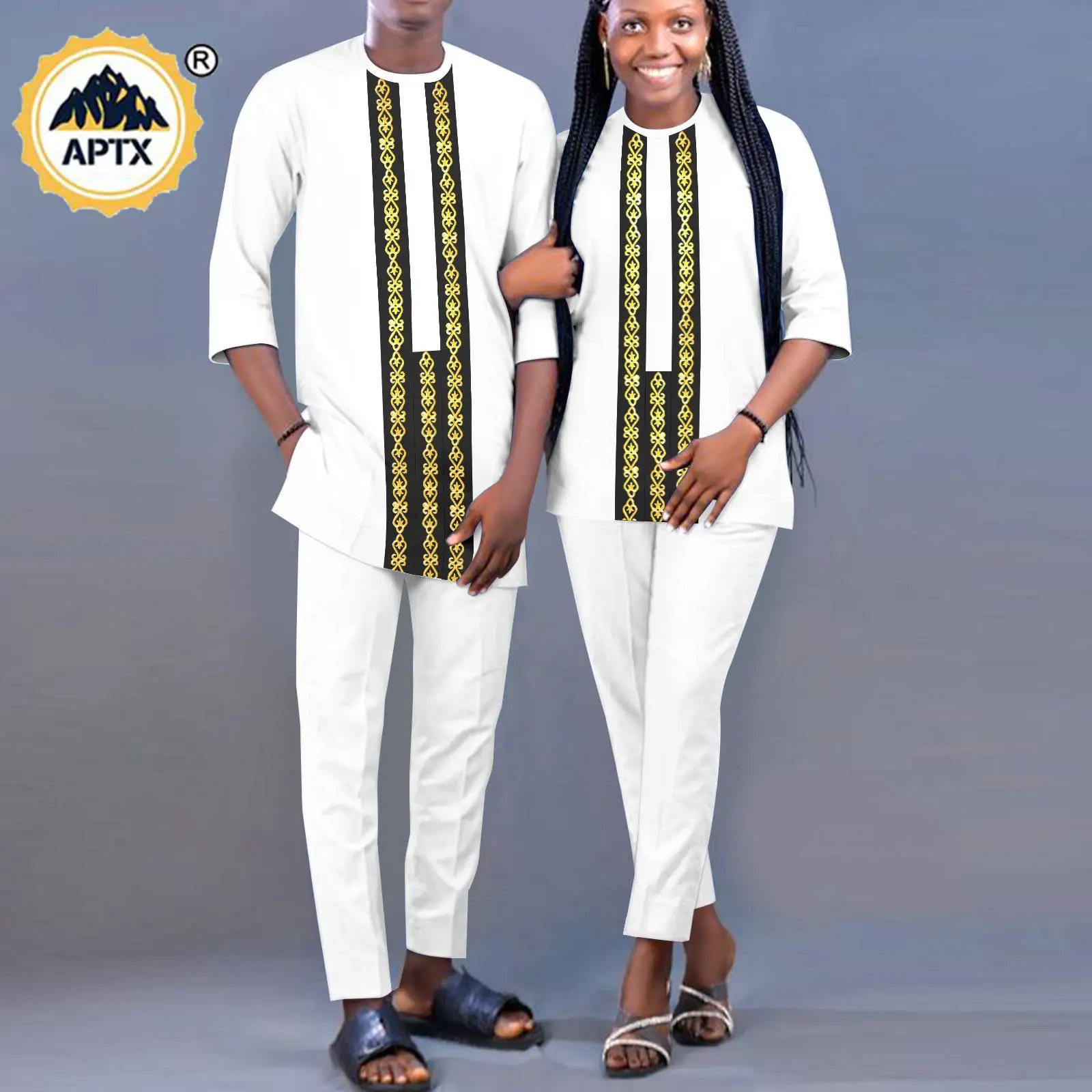 African Matching Outfit for Couples Dashiki Women and Men Agbada Gold Appliques Top and Pant Sets Bazin Riche Kaftan Y23C036