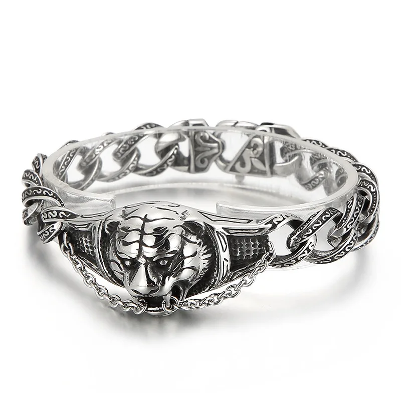 

Винтажный панцирный браслет с кубинским тигром в стиле панк-рок для мужчин, очаровательные браслеты из нержавеющей стали для байкеров и вел...