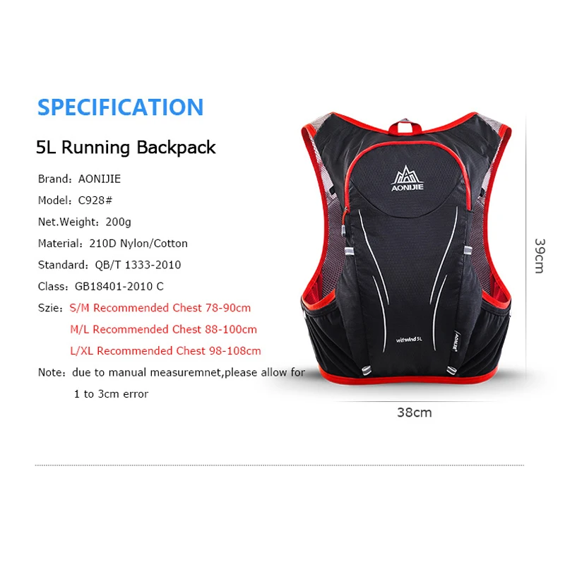 AONIJIE C928 5L Hydration Backpack Rucksack Bag Vest Harness For 2L Water Bladder Hiking Camping Running Marathon Race Sports