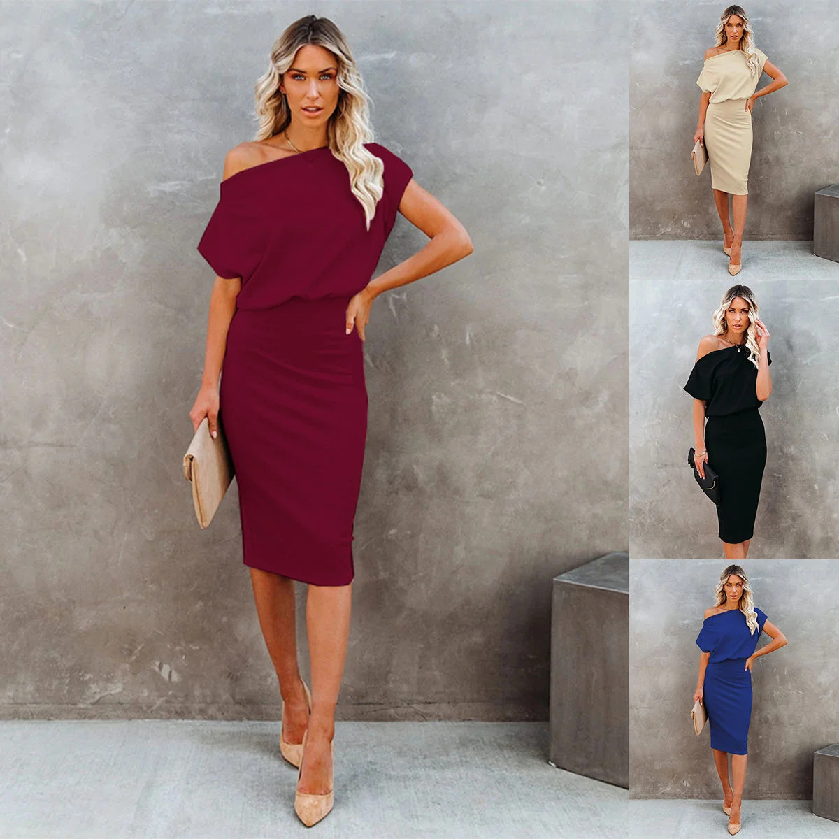 

Collar Shoulder Solid Sexy Party Satin Dress For Women Short Sleeve One Shoulder High Long Dresses 2022 Summer New