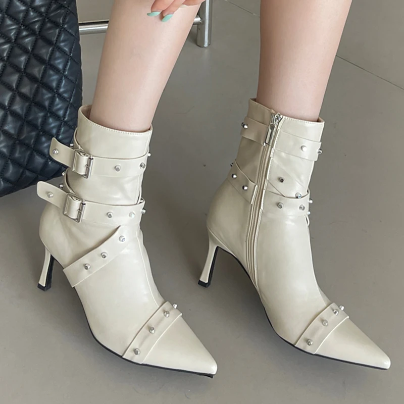 

Women Mid Calf Western Boots Ladies High Heels Fashion Pointed Toe Modern Boots 2023 Luxury Rivet Female Footwear Shoes