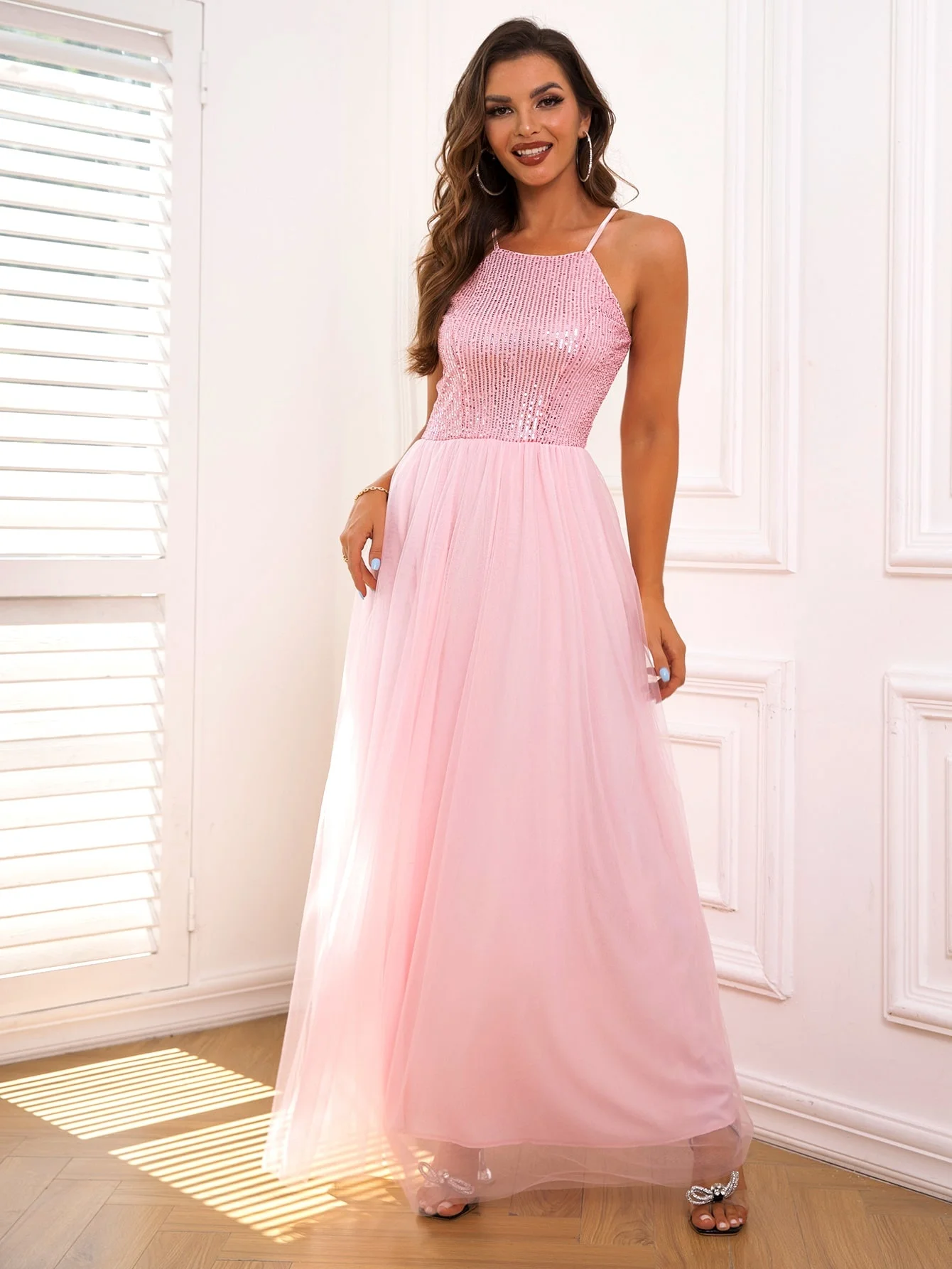 

Yissang Contrast Sequin Mesh Cami Dress