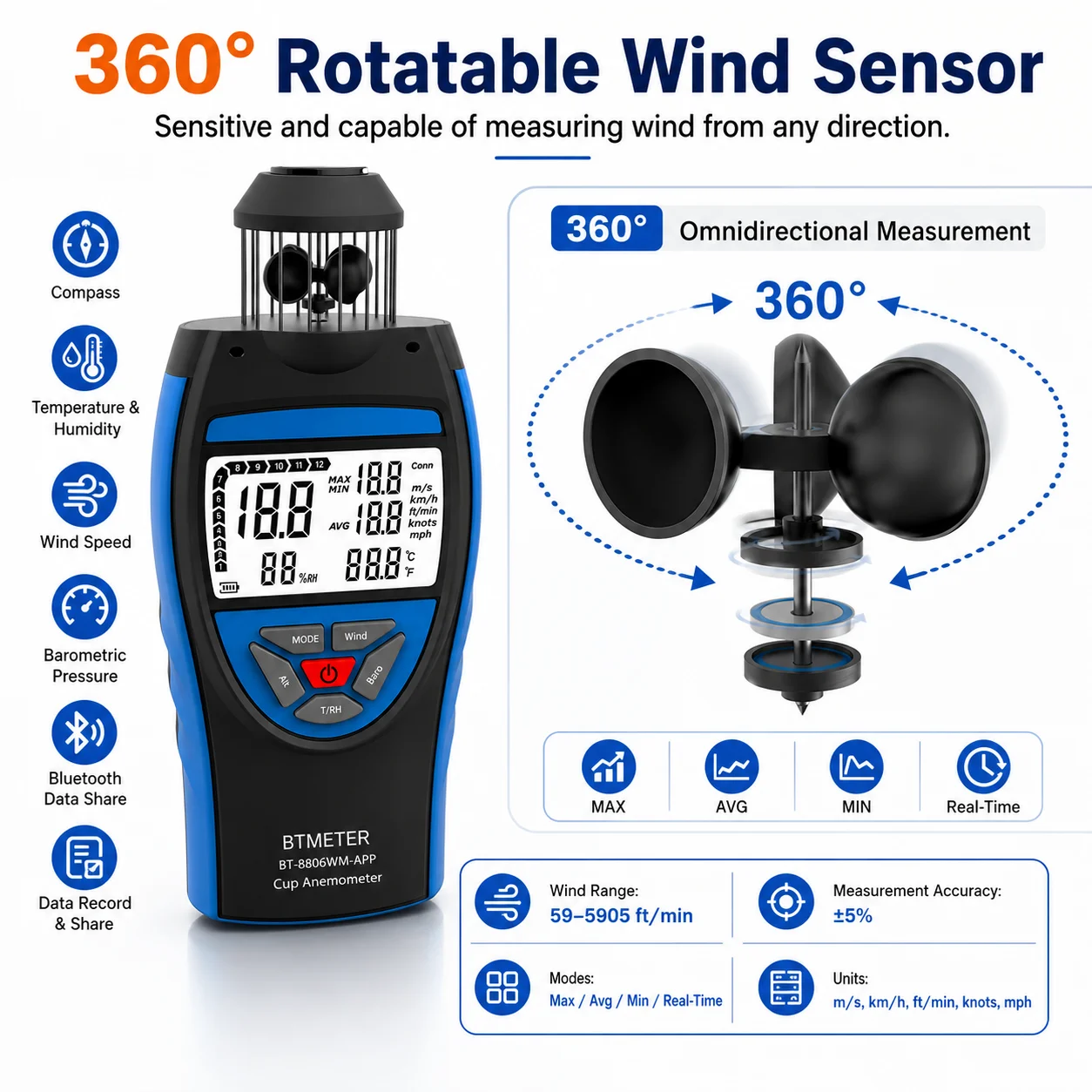 Фото Метеорологический измеритель 8806WM с Bluetooth и приложением, 360° °   Измеритель скорости ветра, температуры, влажности, барометр, высотомер, точка росы, компас для полевых работ и активного отдыха №4