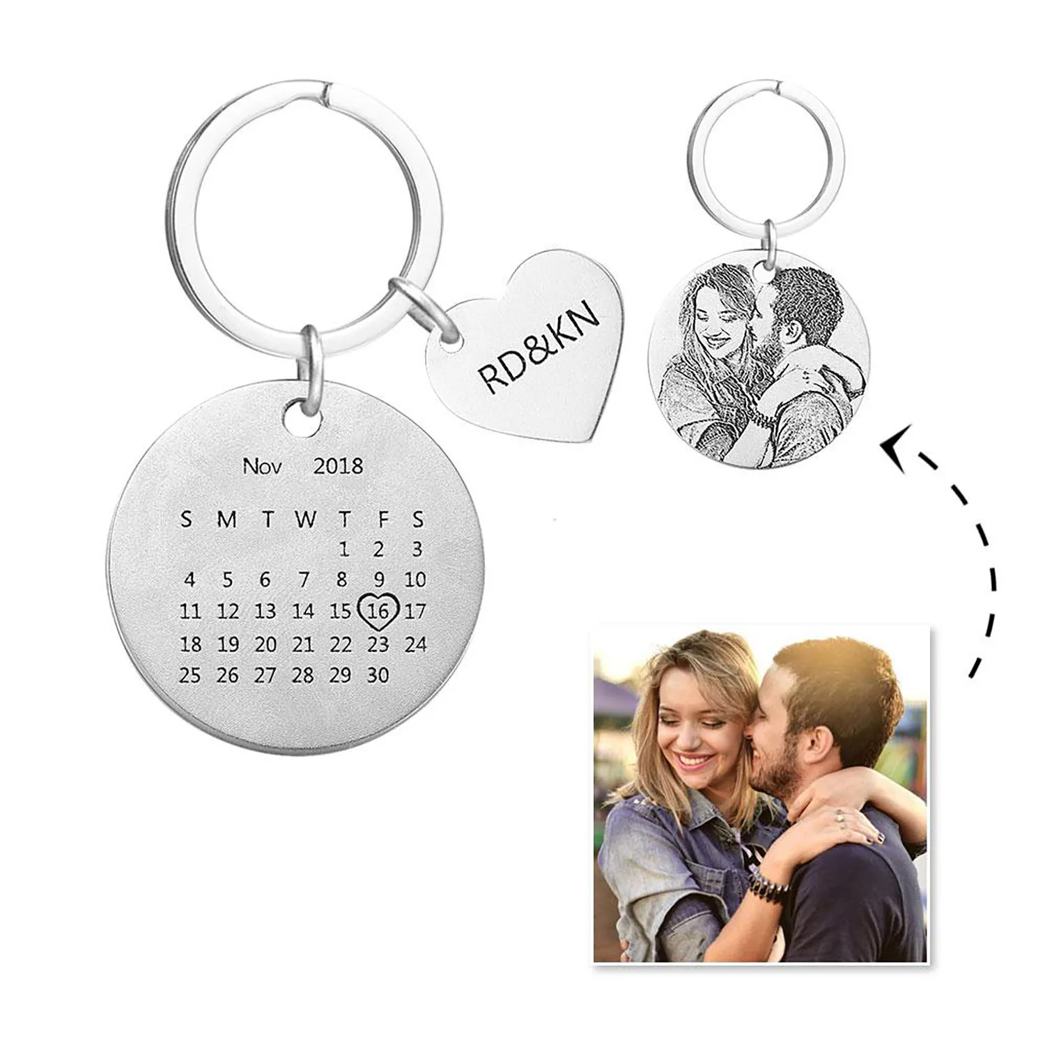 

Custom Photo Engraved Calendar Keychain Date Photo Name Calendar Keychain Gold Stainless Steel Keyring For Lover Friend Family