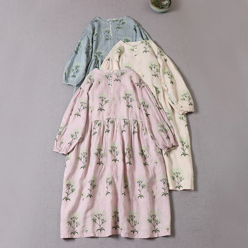 

Sweet Japan Style Embroidered Linen Dress Loose All-Match O Neck Long Sleeve Pullover Mid-length Dress 2022 Spring Mori Girl