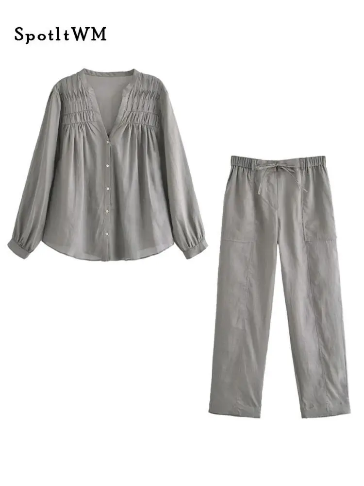 

Casual Long Pants Outfits For Women V-neck Single Breasted Pleated Blouse Pants Suits Fashion Female Wide Leg Pants 2 Pieces Set