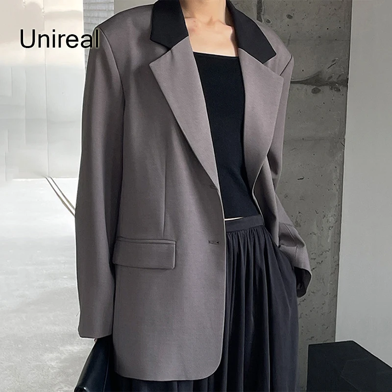 Unireal 2022 Spring Autumn Korean Style Women Suit Coat Single Breasted Patchwork Loose Casual Fashion Blazer Jacket Outwear