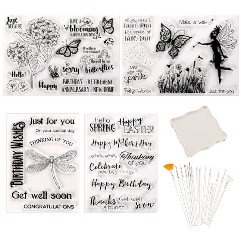 

Fairy Clear Stamps Elegant Flower Fairy Dragonfly Butterfly Wishes Letters Clear Stamps for Card Making Decoration and DIY for