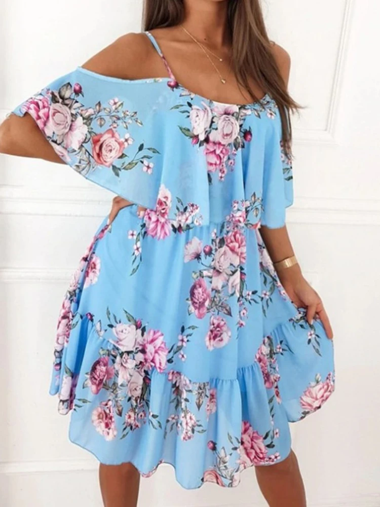 

Woman Dress 2022 Summer Sexy Print Spaghetti Strap Dresses Off Shoulder Elegant Ladies Casual Holiday Beach Dress for Women