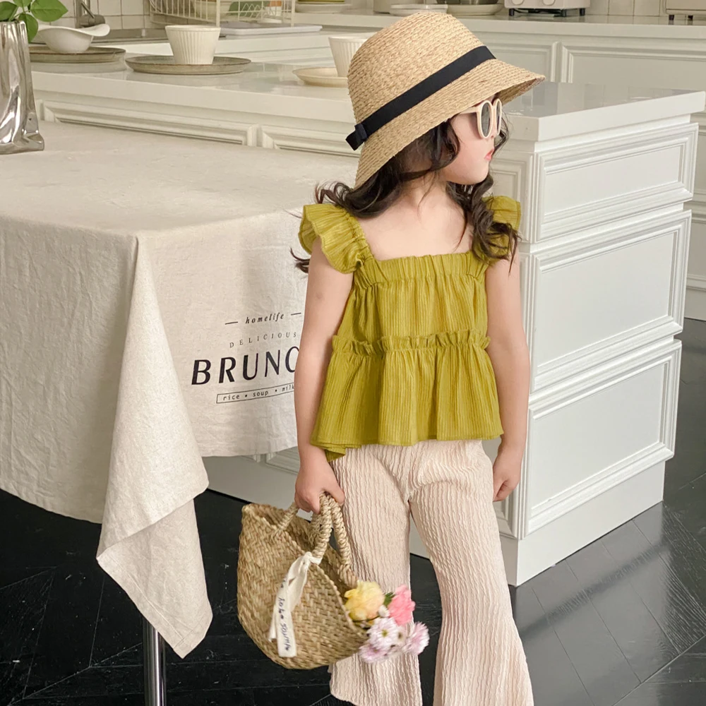 

Menoea Girls Summer Suit Children's Sets New Girls Solid Pleated Top + Pants 2pcs Set Casual Baby Girl Outfit Set Kids Clothes