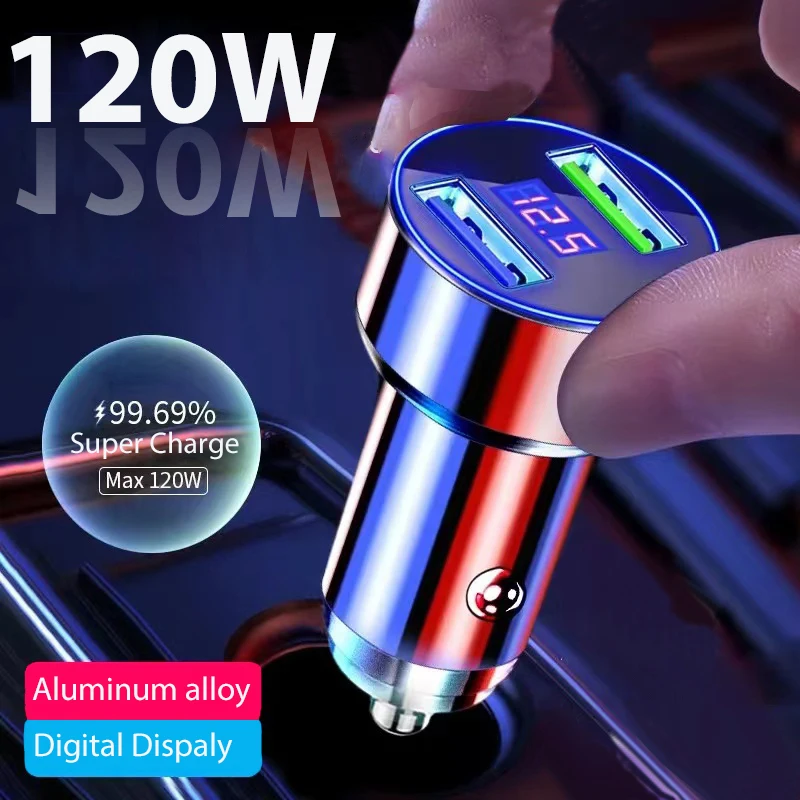 

120W Super Fast Car Charger USB Quick Charging for iPhone 13 12 11 Pro max Accessories Samsung Xiaomi Cellphone with LCD Display