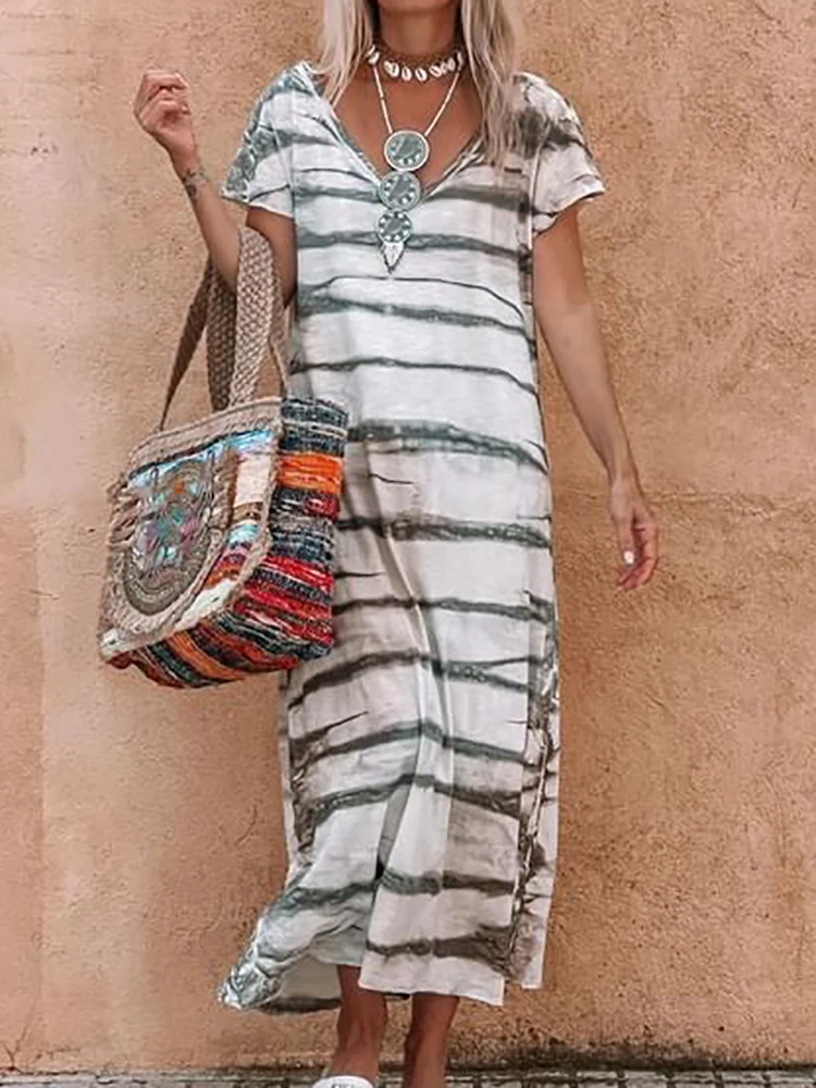 

Summer V-Neck Female Sweet Holiday Loungewear Dress Patchwork Short Sleeve Print Loose Women Summer Party Dress Streetwear