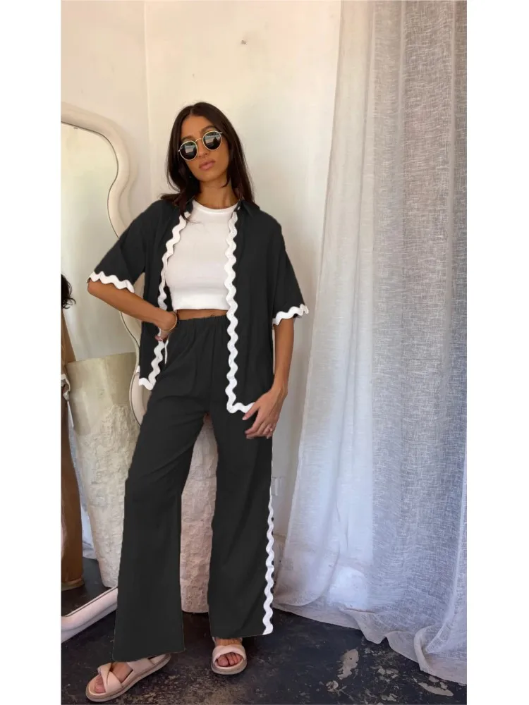 2024 летние новые однотонные комплекты брюк женская мода повседневные рубашки с